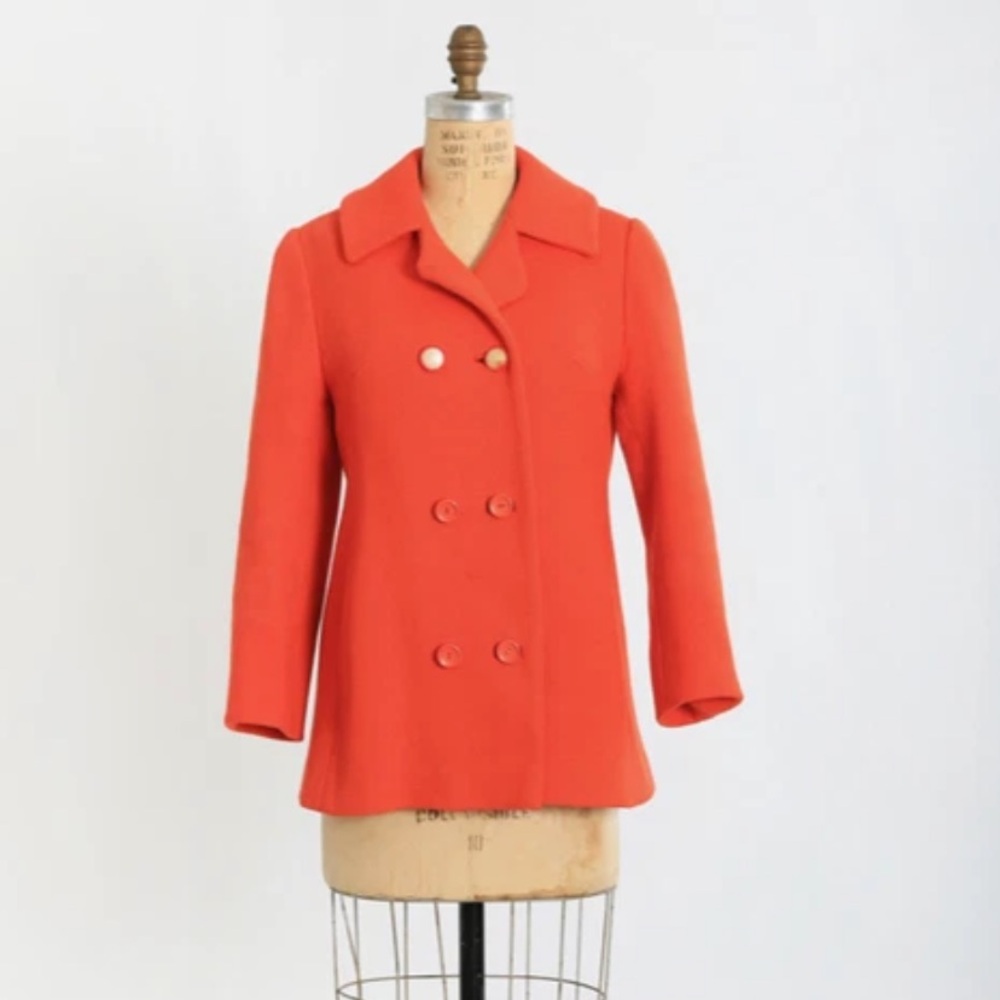 Vintage 1960s Orange woven wool double breasted coat S